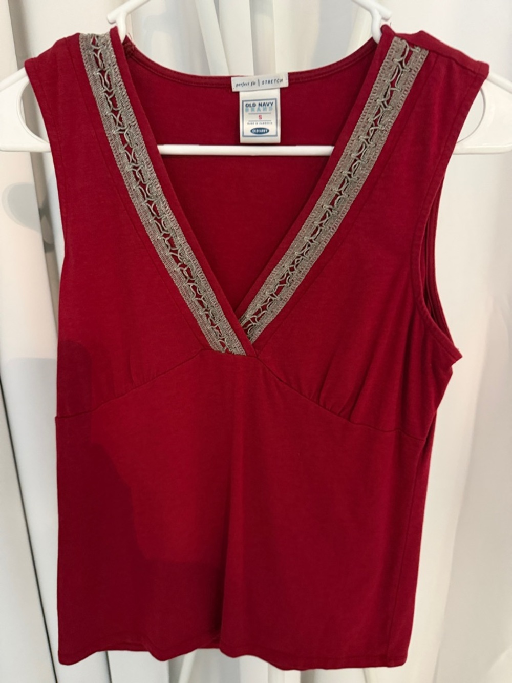 Old Navy Deep Red V-Neck Sleeveless Tank with Metallic Trim